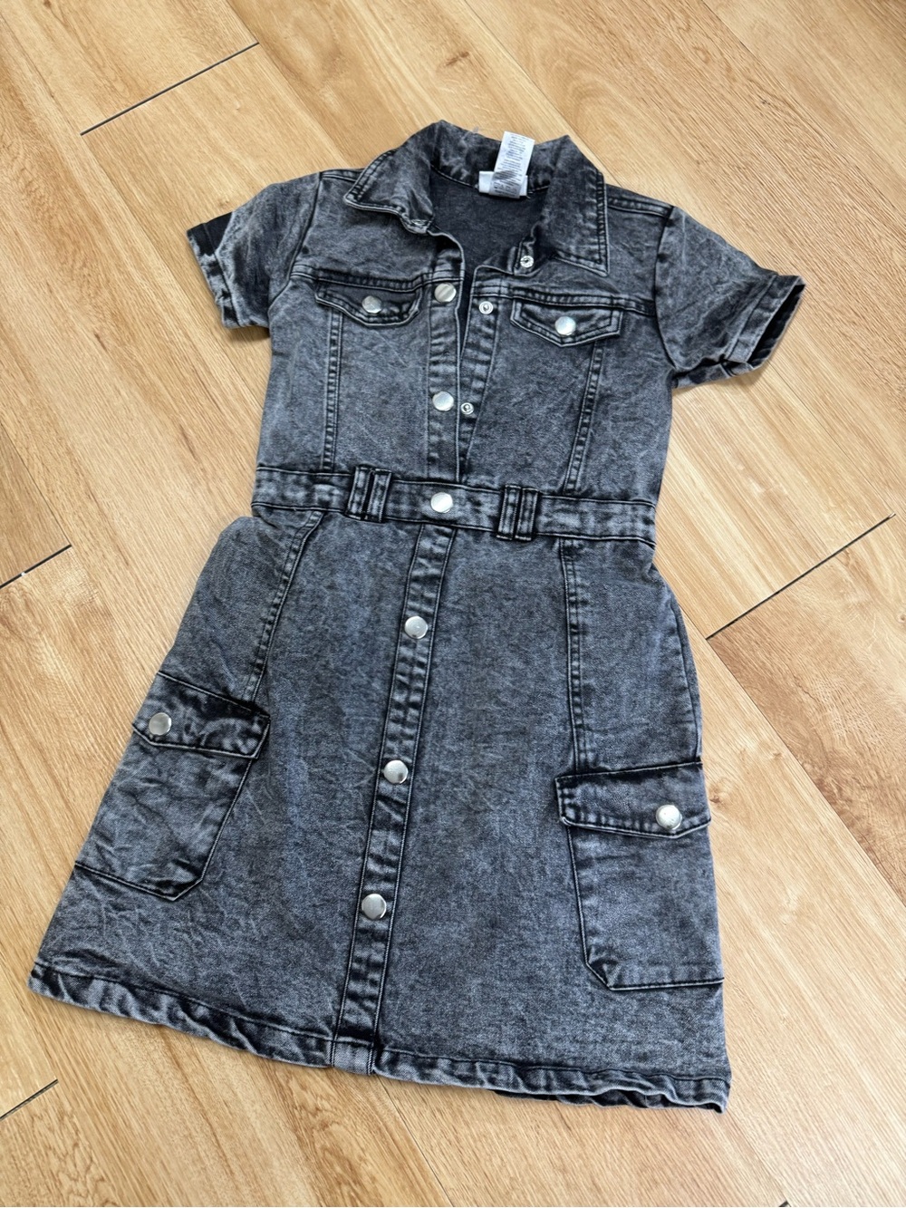 Girls Black Washed Denim Button-Front Dress